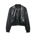 Women's oversized black coated faux leather bomber jacket with silver zipper and ribbed trim - S / Black