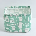Foldable mint green cotton linen storage basket with white kitchen theme prints - Afternoon Tea