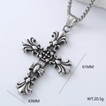 Retro stainless steel cross pendant with box chain, 61mm height and iris flower details - Vintage Large Cross Style