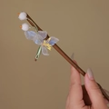 Handmade bamboo hair stick with white lily of the valley and translucent butterfly decor - Lily of the Valley (S406)