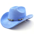 Dettaglio cappello da cowboy azzurro in feltro con fascia di perline colorate e tesa - M (56-58cm) / Blu cielo profondo