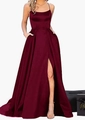 Elegant wine red satin evening gown with spaghetti straps and a high side slit detail - US size 12 (L) / Top And Bottom / Dark Wine Red