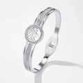Detail of silver stainless steel bangle with diamond-set Tree of Life charm and reflection - 1617-Steel-Tree of Life