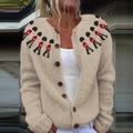 Detail of beige cardigan with British Royal Guard embroidery and wooden buttons - S / Tops / Beige Guard