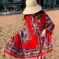 Red Bohemian paisley print cotton linen scarf with tassels for beach holiday beachwear - 180*90CM / 37118-Red Paisley