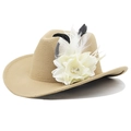 Elegant beige wide brim wool fedora with white fabric floral and feather decoration - 02 Camel