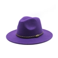 Dark purple wool fedora hat with a brown braided leather band and vintage bull metal plate - M (56-58cm) / Purple