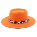 Detail of orange woven straw hat with cow print ribbon and stylish metal buckle - M (56-58cm) / Orange