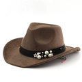 Cappello da cowboy in pelle scamosciata marrone con fascia di perle e fiori eleganti - M (56-58cm) / caffè