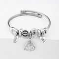 Silver beaded open bangle featuring handmade charms and colorful crystal pendants - C2-005 White