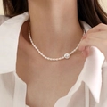 Minimalist rice-shaped freshwater pearl necklace with large flat round pearl pendant for women - White Rice Pearl and Flat Round Bead Style (X-b-021)