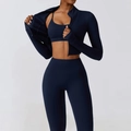 Women's 3-piece navy yoga set including sports bra, zip jacket and high-waist leggings - S / Bra + Jacket + Pants Badge Blue