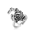 Vintage oxidized silver rose flower ring with intricate vine and leaf details - Rose Flower Vine (R-96)