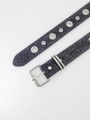 Detailed view of dark gray glitter leather belt with silver metal buckle and metal eyelets - 103cm(Size S) / 3.2cm Wide/Square Buckle / Black