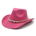 Detail of rose pink suede cowboy hat featuring white woven band and evil eye bead charms - M (56-59cm) / Rose Red (Suede)