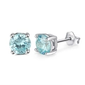 Elegant S925 sterling silver stud earrings with light blue round cut gemstone four-prong setting - Silver Light Blue Stone Studs (SE84-Q)