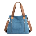 Casual blue canvas tote bag with brown straps and multi-zipper pockets for women - 35cm x 32cm x 12cm / Sky Blue