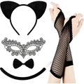 Set cosplay chat 5 pièces avec oreilles de chat, masque, gants, nœud papillon et queue - Serre-tête Oreilles de Chat Et Masque pour les Yeux en Dentelle Et Nœud Papillon Noir Et Queue de Chat Et Gants Filet Longs