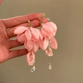 Detailed close-up view of pink fabric flower earrings with pearls and crystal beads - Silver Post Gold Flower Style / Pink