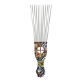 Hair pick with long metal teeth and a colorful paisley pattern fist-shaped handle - K1 / Patterned