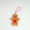 Gingerbread man felt ornament with letter N embroidery and red ribbon for Christmas trees - Letter N