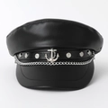 Gorra marinera negra de cuero sintético estilo británico con emblema de ancla y cadena - Estilo de Ancla de Cadena Negra
