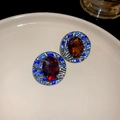 Vintage round earrings with red amber gemstone and blue pavé diamonds in silver - Blue Round Style (35#)