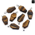 Eight coffin-shaped tiger eye stone pendants with brown stripes and silver metal clasps - Tiger's Eye