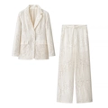 Elegant sequined white blazer set with long sleeve jacket and straight leg trousers - S / Milky White