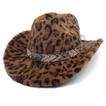 Cowboyhut mit Leopardenmuster, Plüsch-Textur und Bullenkopf-Metallelementen verziert - M (56-58cm) / Dunkelbraun Gerade Krone