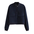 Detail shot of navy blue short jacket with stand collar and large flap pockets - S / Navy Blue