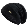 Men's black knitted winter beanie with warm faux fur lining and classic metal tag - L (58-62cm) / Black
