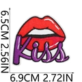 Detail of red lips embroidery patch with purple Kiss text and size measurements - No. 12 (Red Lips Kiss)