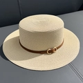 Beige flat top boater hat with a brown leather strap and gold buckle detail - M (56-58cm) / Beige
