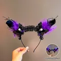 Luminous Halloween headband with purple feathers, black horns and glowing LED skull detail - 11# Black Butterfly Skull Headband [With Light]