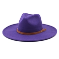 Detail of deep purple wide brim wool fedora with brown leather band and silver rivet - M(56-58cm) / Purple