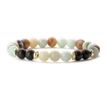 Close-up of multicolor beaded stretch bracelet with tiger eye stones and metal spacers - Amazonite