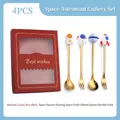 Space-themed 4-piece stainless steel spoon and fork set in a red gift box - Space Green 4PCS (Yellow Astronaut/Waving Astronaut/Planet/Rocket)
