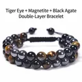 Pulsera de doble capa con ojo de tigre y ónix negro trenzada ajustable para hombre - Ojo de Tigre Hematita Y Ágata