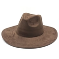 Cappello fedora classico marrone scuro in pelle scamosciata a tesa larga con cuciture eleganti - M (56-59cm) / Marrone Finta Pelle Scamosciata