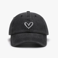 Washed black denim baseball cap featuring white heart embroidery and adjustable strap - Adjustable / Black (24A287)