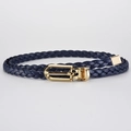 Minimalist navy blue braided PU leather belt with polished gold pin buckle for women - 110*0.8 / Navy Blue