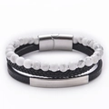 Detail of multi-layer bracelet with marble beads, braided cord, and leather metal accents - White Howlite Bracelet