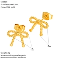 Detail view of 18k gold plated bow stud earrings with size measurements 11mm x 10mm - Classic Bowknot Style (SE280G)