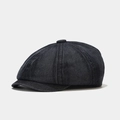 Dettaglio del berretto stile newsboy in denim retrò con cuciture a pannelli e bottone superiore - M (56-58cm) / Nero