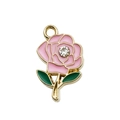 Pink enamel rose charm with green leaves and gold finish for DIY jewelry making - Rhinestone Rose 11x18mm