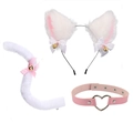 Three-piece pink and white plush cat ear set with bell headband, tail, and collar accessories - White Pink Cat Ears + Heart Choker + Tail