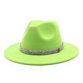 Detail of neon green wool fedora hat featuring rhinestone band and metal M ornament - M (56-58cm) / Fruit Green