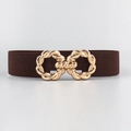 Close-up of a wide brown elastic waist belt with a gold metallic double-ring buckle - Brown