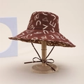 Brown wide brim bucket hat with heart pattern and adjustable windproof strap - Letter Style / Brown